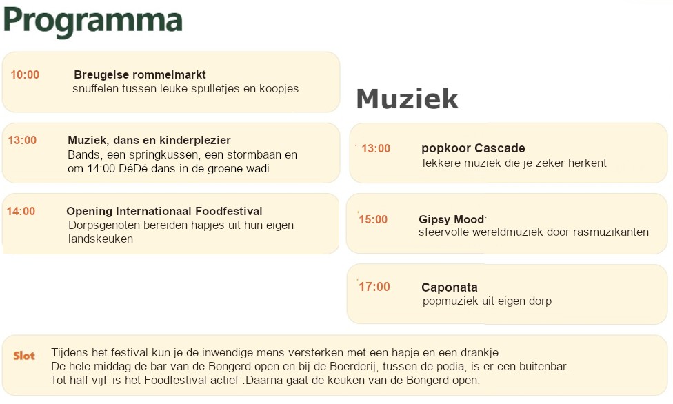 Programma Breugels Festival met tijden en muziekoptredens